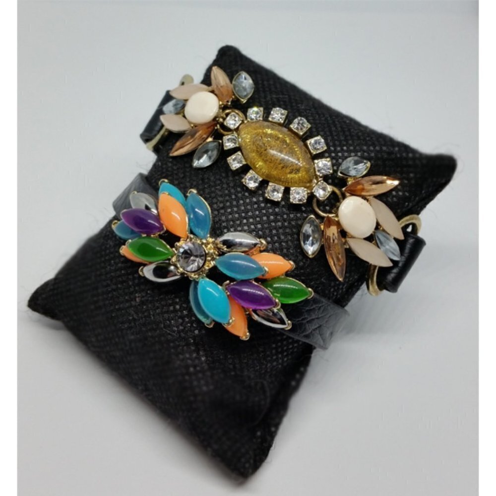 BLACK faux leather colorful rhinestones faux gemstones bracelets lot 2